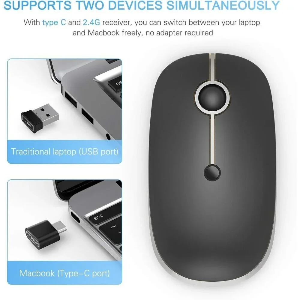 Wireless Mouse USB + Type-C Dual Connection Silent Click Rechargeable New